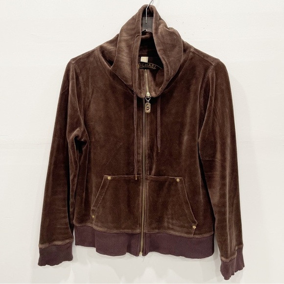 Michael Kors Brown High Neck Full Zip Velour Tracksuit Sweatshirt Large - Picture 1 of 9